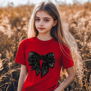 Girls Sequin Bow Graphic Shirt Youth Statement Tee