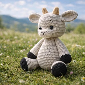 Peut inclure: Une peluche de chèvre crochetée, avec un corps beige clair, des sabots noirs et de petites cornes beiges. Le jouet est assis dans un champ d'herbe verte et de fleurs sauvages. L'arrière-plan montre des arbres et un ciel bleu.