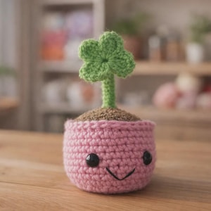 May include: A handmade crochet plant with a smiling face. The pink pot holds brown soil and a green shamrock. The plant is on a wooden surface.