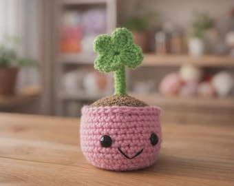 Four-Leaf Clover in Pink Pot Crochet Pattern | Amigurumi Toy (PDF Pattern)