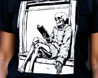 Skeleton Reading T-Shirt | Gothic Book Lover Graphic Tee