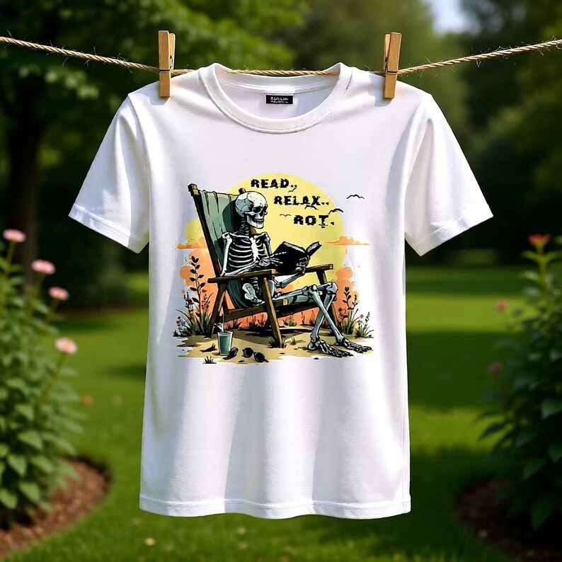 White t-shirt with a graphic of a skeleton reading in a beach chair, with the words "Read, Relax, Rot." The design features a sunset background and a drink on the ground. The shirt is hanging on a clothesline.