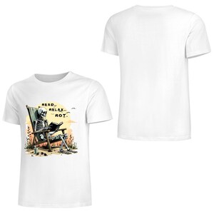 Quiet life shirt with a trendy goth skeleton relaxing outdoors with a book sunglasses and a drink in a vintage warm tone illustration
