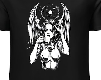 Witchy Coffee tee, Dark Aesthetic Graphic Tee, Winged Woman Holding Coffee Cup, Occult Streetwear, Black Unisex Tee, Witchy Art Shir