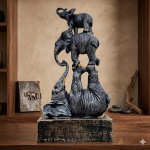 May include: A decorative sculpture of four elephants stacked on top of each other. The elephants are grey with textured details and stand on a rectangular base. The sculpture is a home decor item.