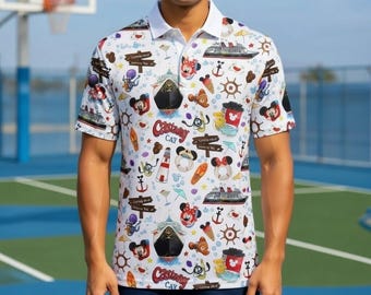 Disney Cruise Line Castaway Cay Polo Shirt, Mickey and Friends Nautical All Over Print Men's Collar Shirt, Disney Vacation Cruise Apparel