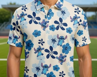 Stitch Hawaiian Floral Polo Shirt, Lilo and Stitch Hibiscus All Over Print Men’s Short Sleeve Collar Shirt, Disney Tropical Summer Gift