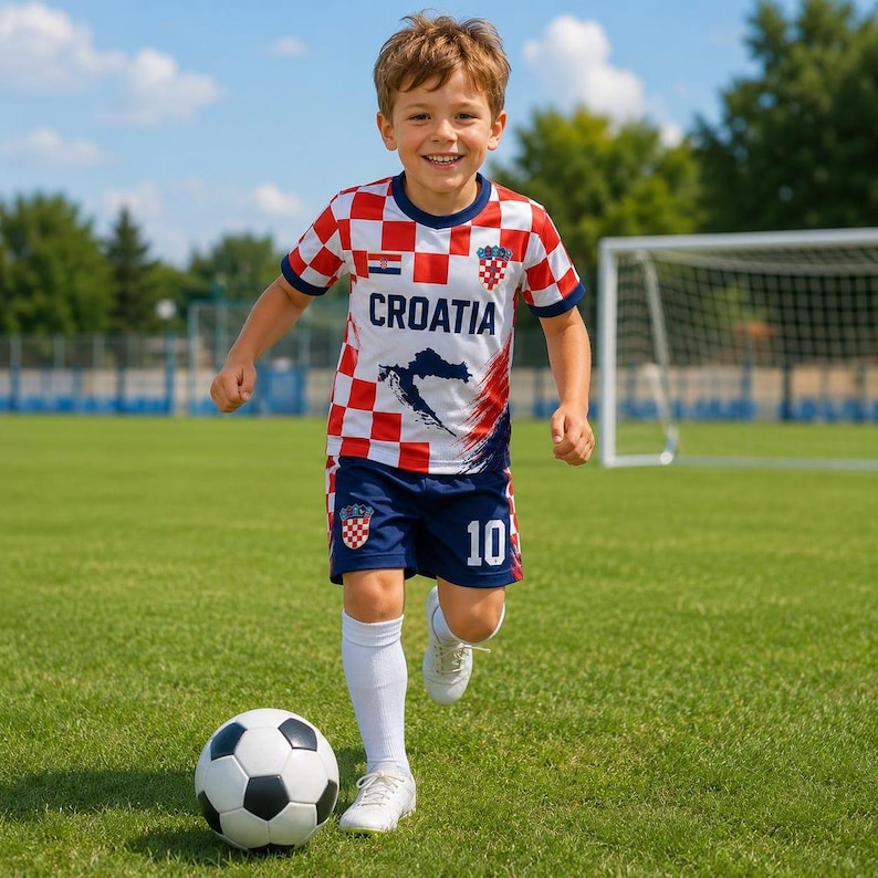 May include: A soccer uniform featuring a red and white checkered jersey with the text CROATIA, a map graphic, and the national crest. The matching dark blue shorts display the number 10 and a small crest, paired with white socks and soccer cleats.