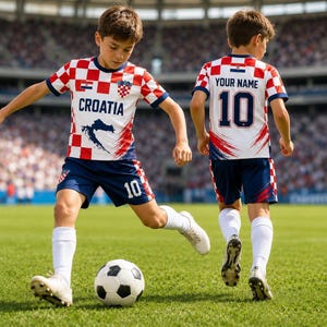 May include: A soccer uniform featuring a white and red checkered pattern on the jersey, blue shorts with the number 10, and white socks. The jersey displays the text CROATIA, a map graphic, and a small flag. The back shows YOUR NAME and number 10.
