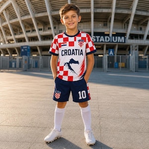 May include: A soccer uniform consisting of a red and white checkered jersey with the word CROATIA and a map graphic, paired with navy blue shorts featuring the number 10 and a small crest, white knee-high socks, and white athletic cleats.