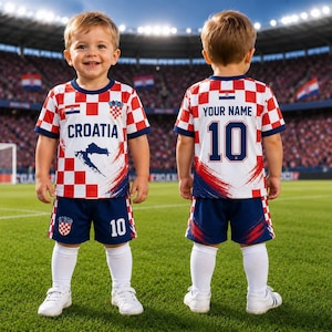 May include: A soccer uniform featuring a red and white checkered pattern on the shirt and blue shorts. The shirt displays the text Croatia, a map graphic, and a small flag. The back of the shirt shows the text Your Name and the number 10.