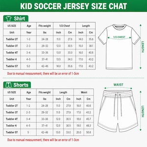 May include: A kid soccer jersey size chart featuring two tables for shirts and shorts. The tables list US size, age, weight in lbs, and measurements in inches and cm. Diagrams of a t-shirt and shorts show where to measure chest, length, and waist.
