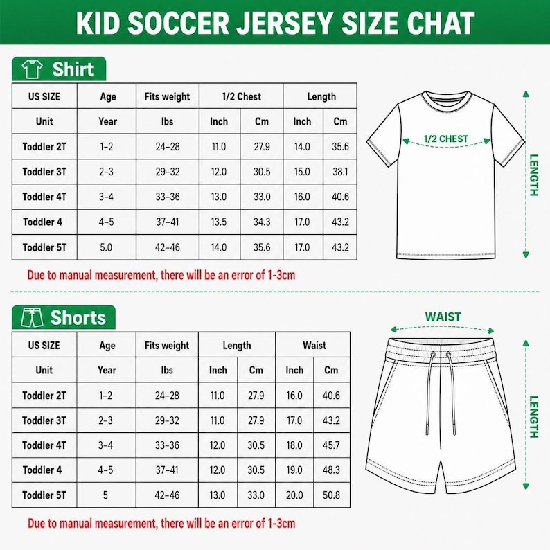 May include: A kid soccer jersey size chart featuring two tables for shirts and shorts. The tables list US size, age, weight in lbs, and measurements in inches and cm. Diagrams of a t-shirt and shorts show where to measure chest, length, and waist.