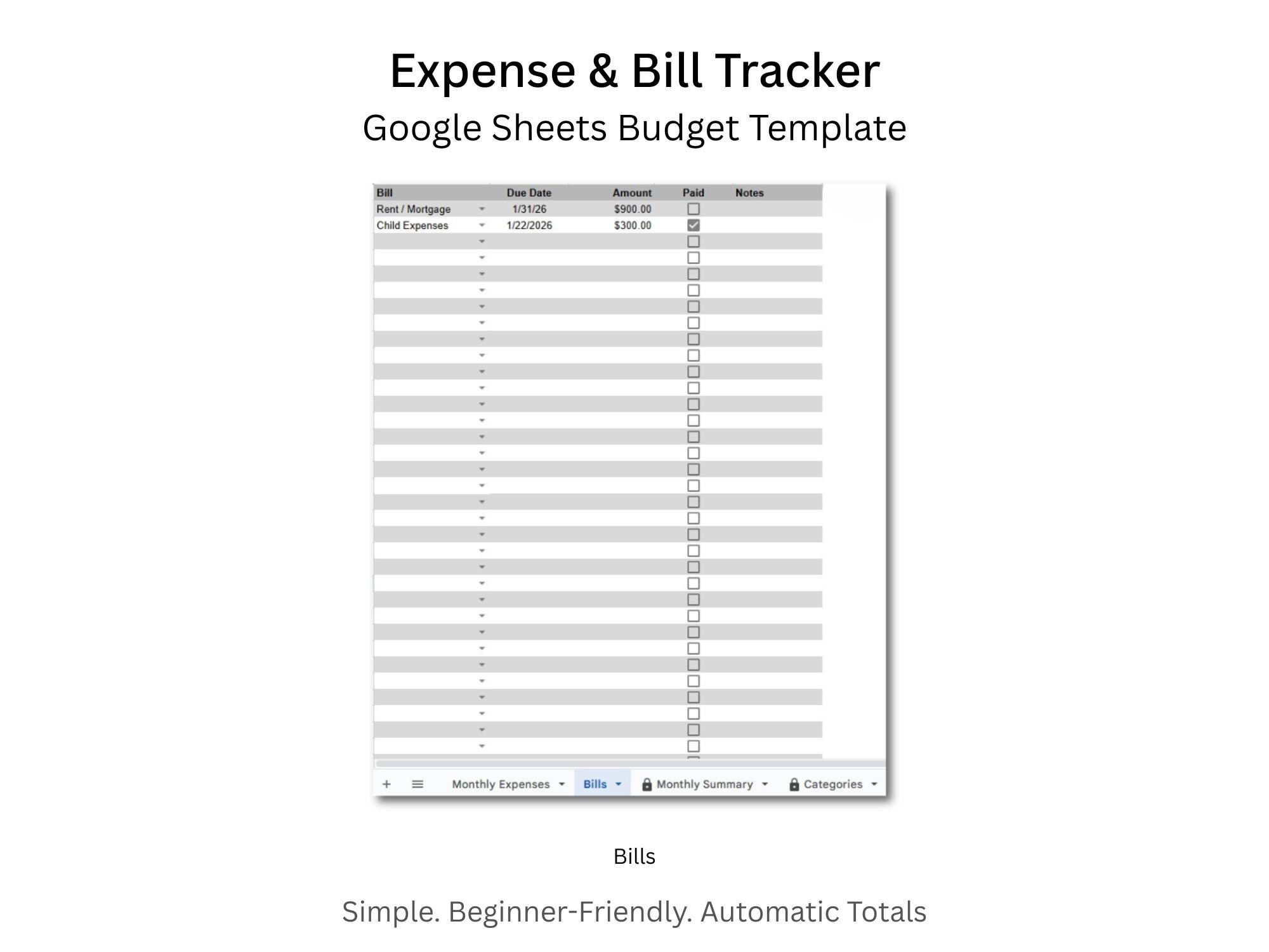 Expense & Bill Tracker | Google Sheets Budget Template | Simple Monthly ...
