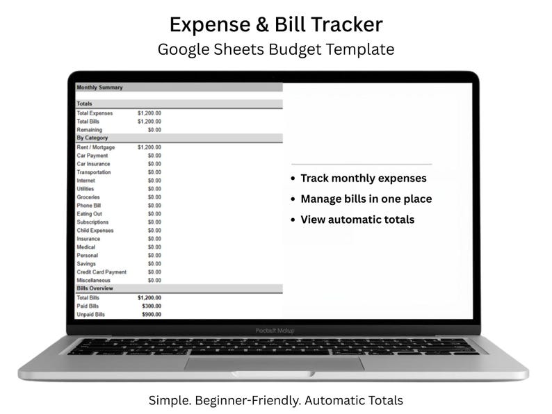 Expense & Bill Tracker | Google Sheets Budget Template | Simple Monthly ...