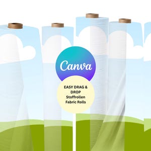 Könnte beinhalten: Fünf Stoffrollen werden gezeigt, jede mit einem Landschaftsdesign mit blauem Himmel, weißen Wolken und grünen Feldern. Das Bild enthält ein Canva-Logo und den Text: "EASY DRAG & DROP Stoffrollen Fabric Rolls."
