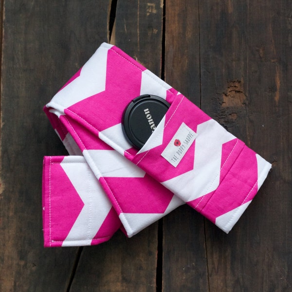 DSLR Camera Strap Cover- lens cap pocket and padding included- Pink and White Chevron