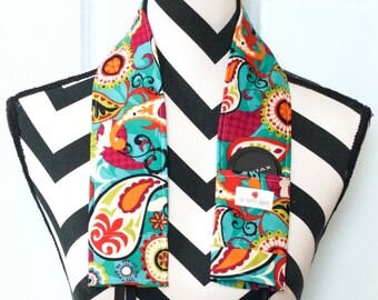 Camera Strap Cover- lens cap pocket and padding included- Turquoise/ Blue Bright Pattern