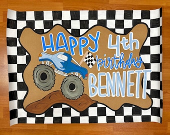 Hand painted custom banner, painted birthday banner, painted butcher paper banner, kraft paper banner, party banner, monster truck birthday