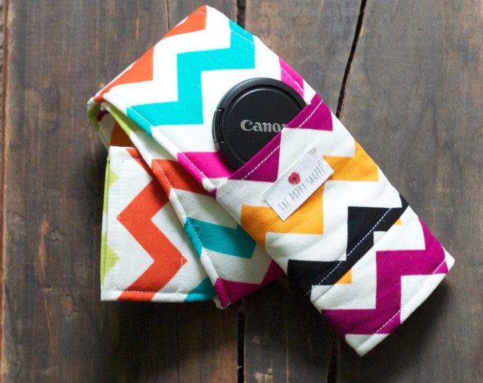 Camera Strap Cover- Lens Cap Pocket and Padding Included- Retro Chevron ...