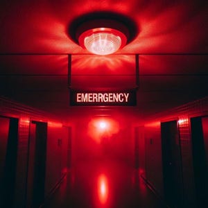 Puede incluir: Un pasillo con poca luz bañado en luz roja. Arriba, una luz de emergencia circular ilumina la escena. Un letrero que dice "EMERRGENCY" cuelga sobre el pasillo. Las puertas a lo largo del pasillo están cerradas.