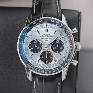 Breitling Navitimer Chronograph Luxury Watch for Men | Silver Dial Black Leather Strap Wrist Watch | Elegant Pilot Style Watch