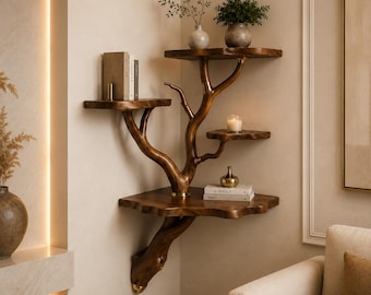 Floating corner shelf tree driftwood branch bookshelf, Wall mount solid wood bookcase, Handcrafted rustic furniture, Unique plant ledge