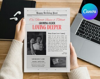 Modelo de jornal romântico de aniversário no Canva, carta de amor personalizada, pôster de aniversário editável, presente de aniversário para o(a) parceiro(a), download digital.