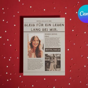 Puede incluir: Un anuncio estilo periódico con el texto "BLEIB FÜR EIN LEBEN LANG BEI MIR" y "WERDE MEINE FRAU" sobre un fondo rojo salpicado de confeti en forma de corazón. El anuncio incluye una foto de una mujer sonriente y una pareja.