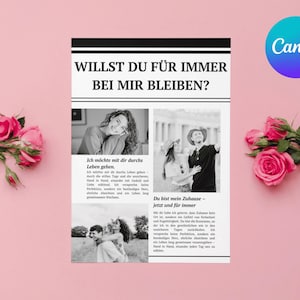 May include: A black and white newspaper-style print with the text "WILLST DU FÜR IMMER BEI MIR BLEIBEN?" and images of couples. The print is on a pink background with pink roses and the Canva logo.