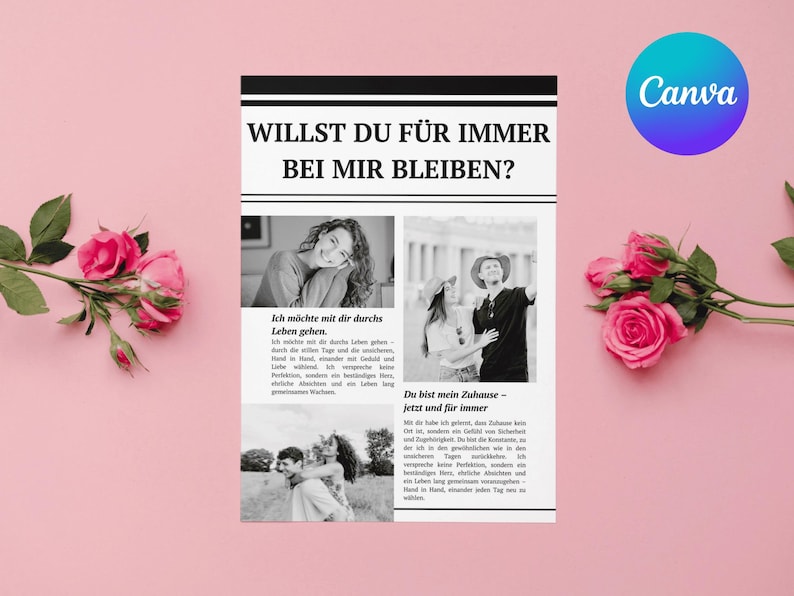Pode incluir: Uma impress&atilde;o em preto e branco em estilo jornal com o texto "WILLST DU F&Uuml;R IMMER BEI MIR BLEIBEN?" e imagens de casais. A impress&atilde;o est&aacute; em um fundo rosa com rosas cor-de-rosa e o logotipo Canva.