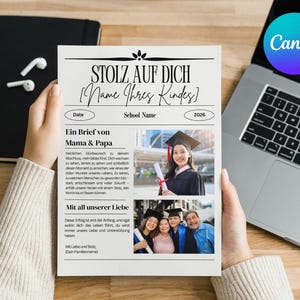 Graduation Zeitung von Eltern | Stolz auf dich Canva Vorlage | Abschluss Geschenk personaliserad