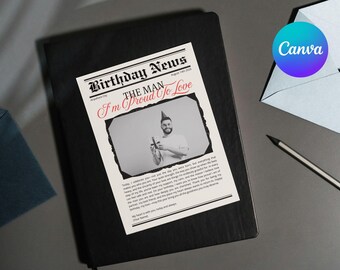 Modelo de jornal de aniversário para ele, presente de aniversário romântico e personalizado, pôster de jornal vintage editável no Canva, download digital.