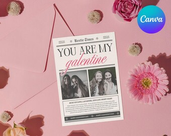 Modelo de cartão Galentine em formato de jornal para Canva | Presente para amiga (Download digital)
