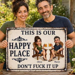 Panneau de jardin en métal personnalisé pour couple, décoration personnalisée pour votre jardin « lieu de bonheur », panneau de patio humoristique vintage