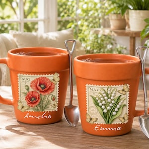 Personalized Birth Month Flower Mug with Spoon, Custom Name Vintage Stamp Floral Plant Pot Mug for Garden Lover Gift
