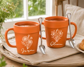 Caneca personalizada com flor de nascimento e nome, caneca de café personalizada para amantes de jardins.