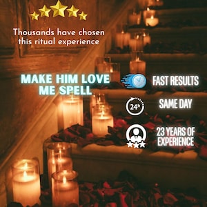Può includere: Immagine di una scala adornata con candele accese e petali di rosa sparsi. Il testo include "MAKE HIM LOVE ME SPELL", "FAST RESULTS" e "SAME DAY". L'immagine presenta anche un'icona 24 ore e una valutazione a cinque stelle.
