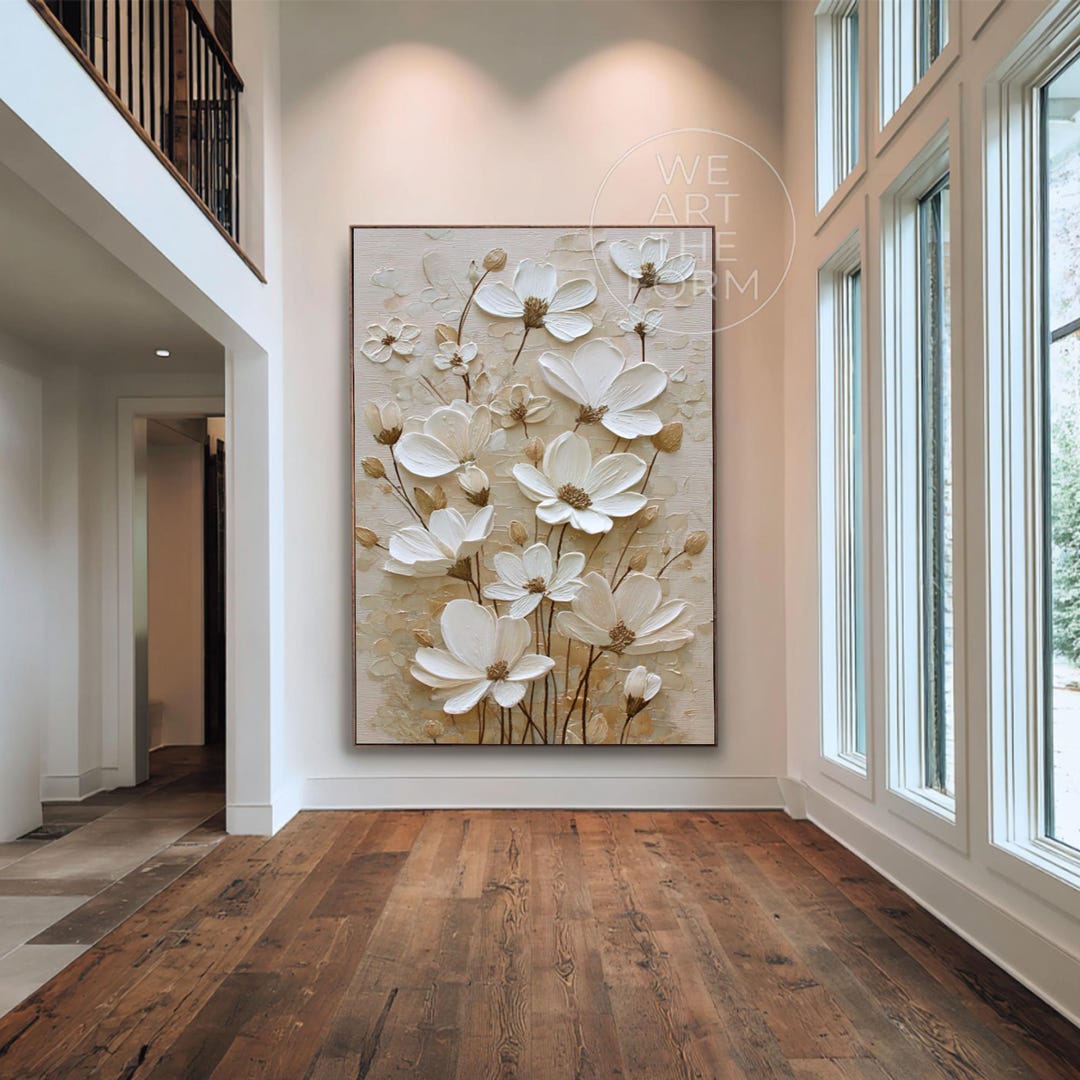 3D White Abstract Floral Painting on Canvas, Flower Textured Wall Art ...