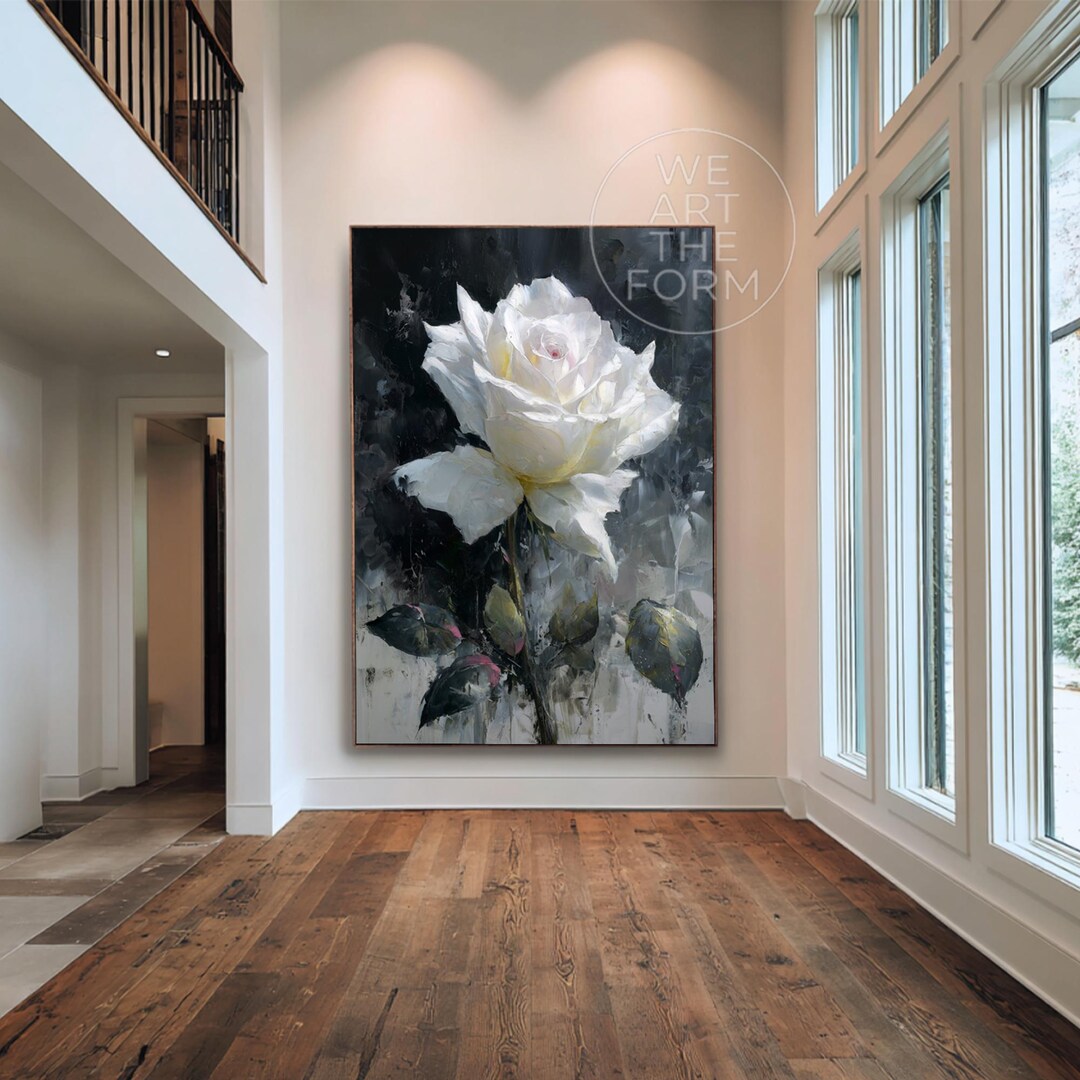 Original Black and White Rose Oil Painting, Contemporary Wall Art Decor ...