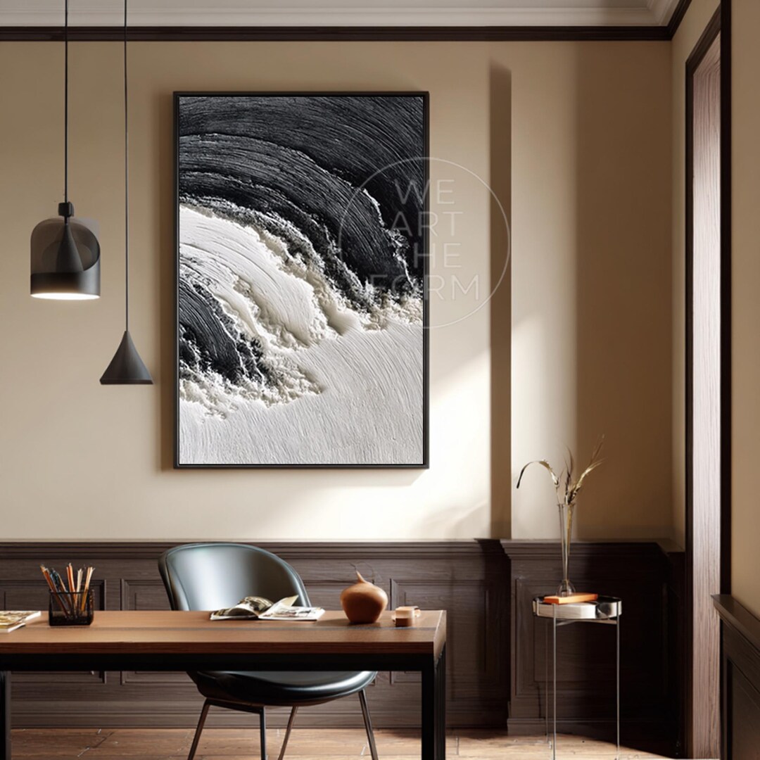 Black and White 3D Textured Painting, Wave Minimalist Wall Art Home ...