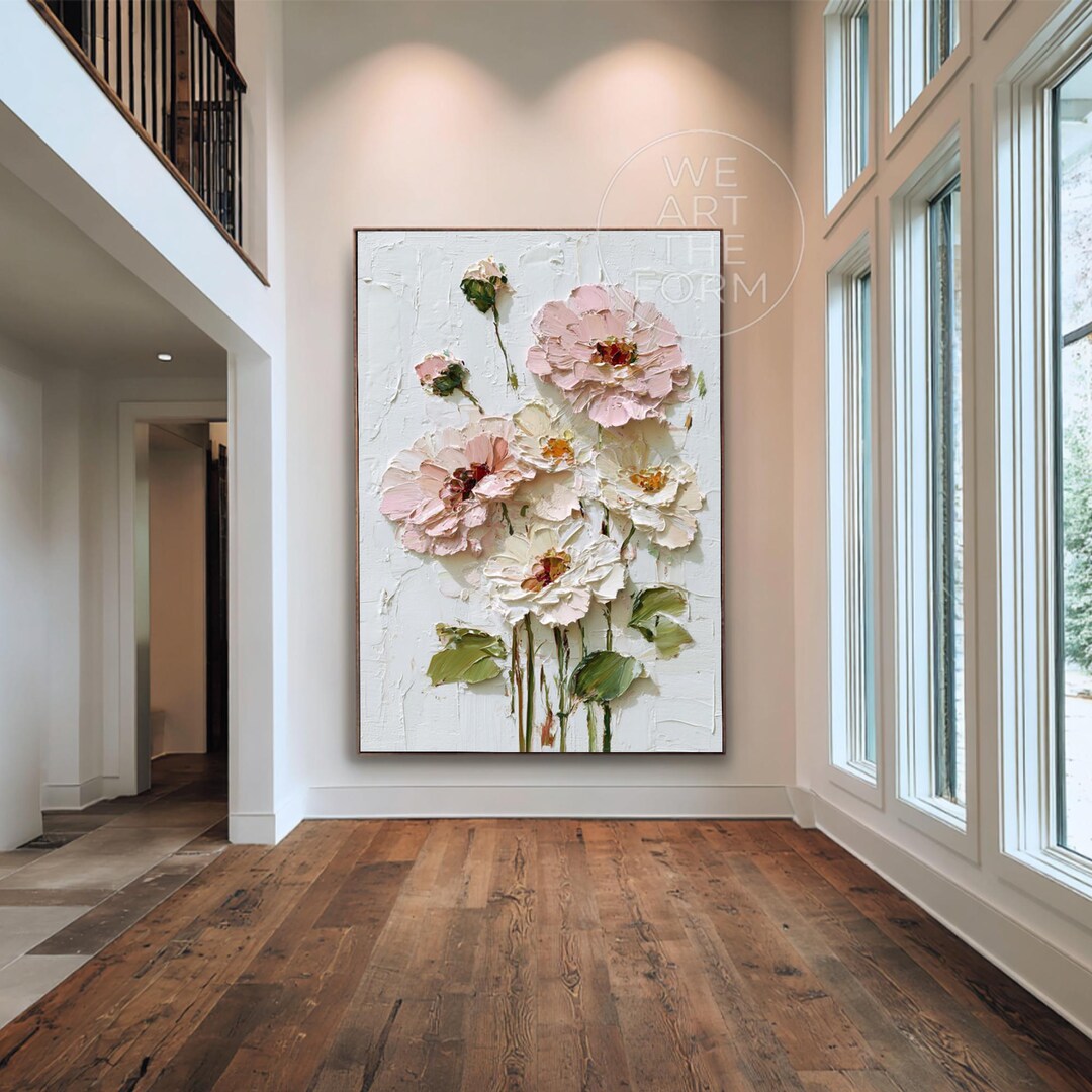 3D Pink White Textured Floral Oil Painting, Impasto Flower Canvas Art ...