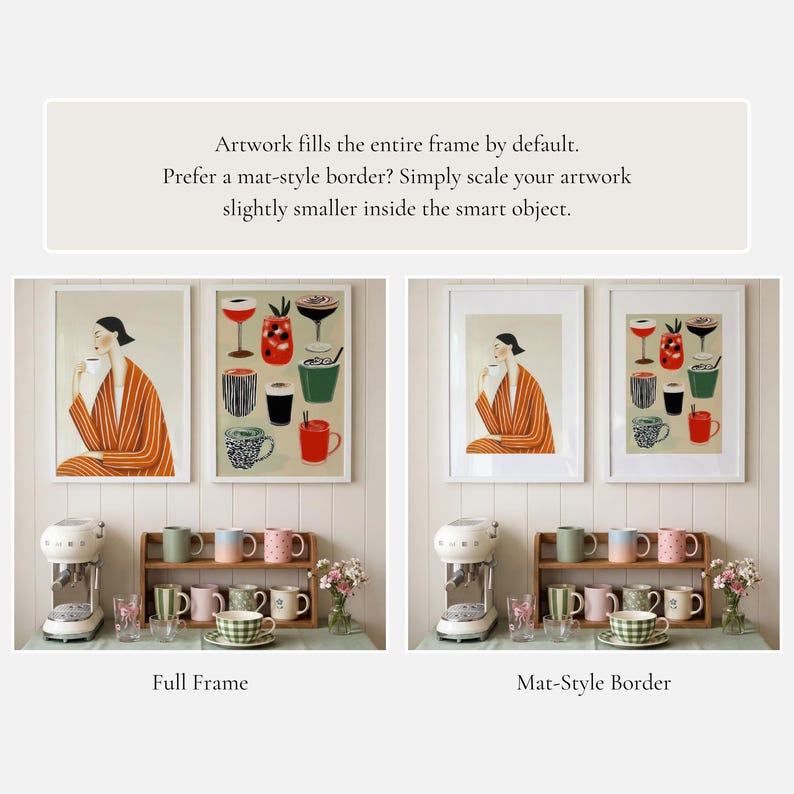 May include: Two framed wall art prints featuring a person in an orange striped robe drinking coffee and a collection of various coffee mugs. Below, a white espresso machine sits next to a wooden shelf holding eight assorted ceramic mugs.