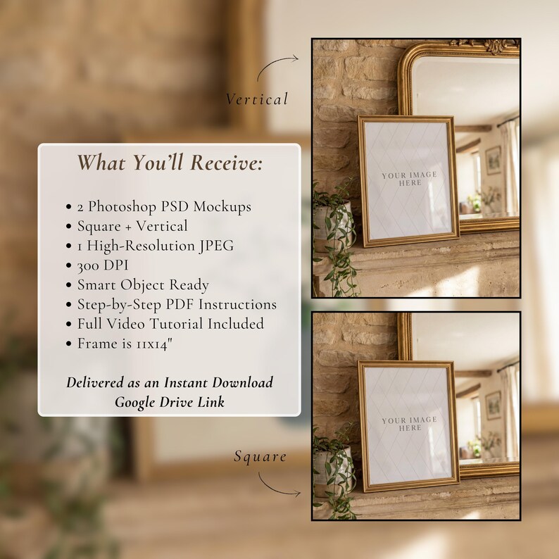 May include: A mockup image featuring two gold-framed pictures with the text "YOUR IMAGE HERE". The frames are 11x14 inches. The image includes a list of what is included: Photoshop mockups, high-resolution JPEG, and video tutorial.