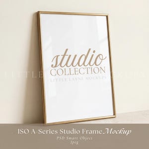 May include: A vertical rectangular frame with a thin gold metallic border. The frame contains a white insert featuring the brown text studio COLLECTION and the smaller text LITTLE LAYNE MOCKUPS printed in a clean, sans-serif font style.