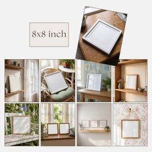 May include: Square picture frames, 8x8 inch, in various settings. The frames are shown in white and natural wood tones. The image includes frames on shelves, tables, and a bench, showcasing different styles and decor.