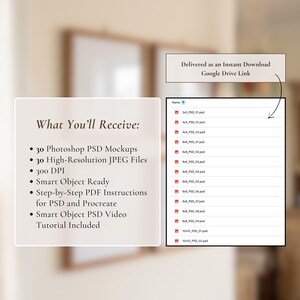May include: A digital product listing showcasing a mockup bundle. The image displays a list of included items: 30 Photoshop PSD mockups, 30 high-resolution JPEG files, 300 DPI, and smart object ready files. The text also mentions PDF instructions and a video tutorial.