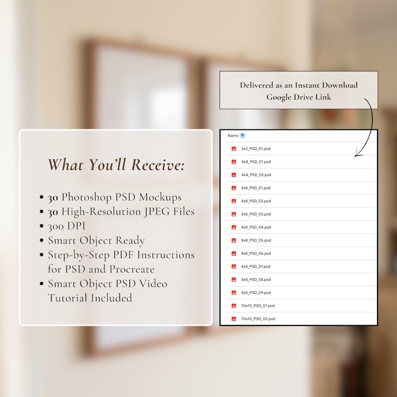 May include: A digital product listing showcasing a mockup bundle. The image displays a list of included items: 30 Photoshop PSD mockups, 30 high-resolution JPEG files, 300 DPI, and smart object ready files. The text also mentions PDF instructions and a video tutorial.