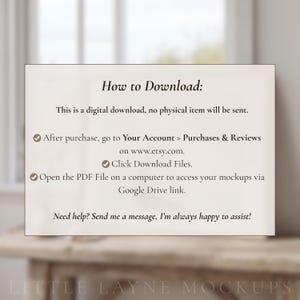 May include: A rectangular card with the text "How to Download:" and instructions for digital downloads. The card includes steps for accessing files after purchase on Etsy.com, and a note for assistance.