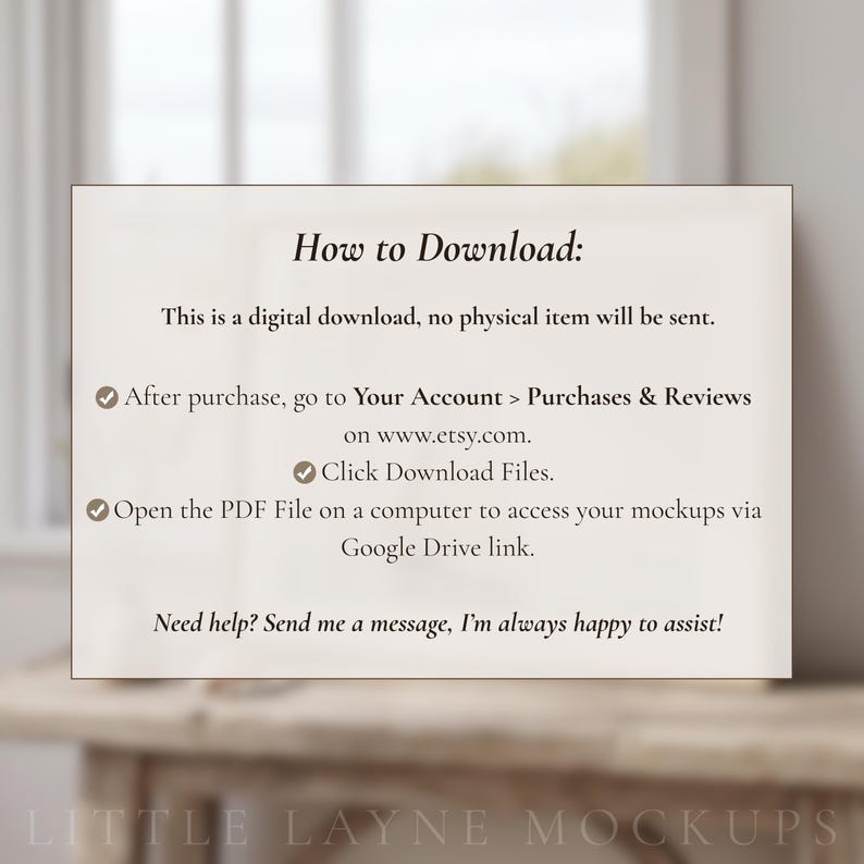May include: A rectangular card with the text "How to Download:" and instructions for digital downloads. The card includes steps for accessing files after purchase on Etsy.com, and a note for assistance.